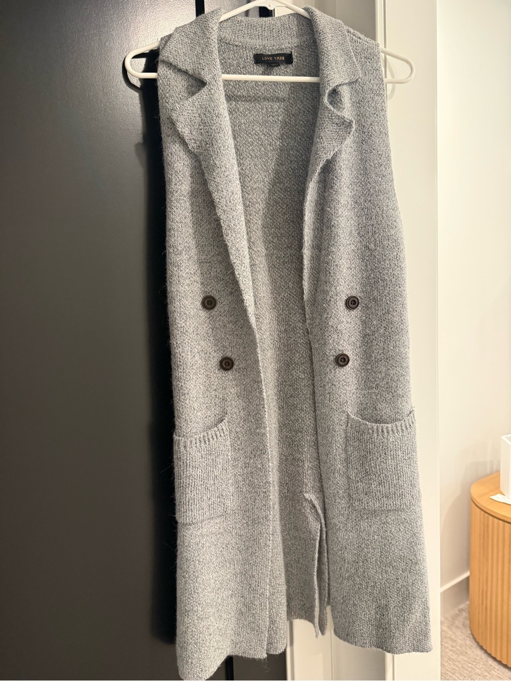 Love Tree Long Gray Sleeveless Knit Vest with Double-Breasted Buttons